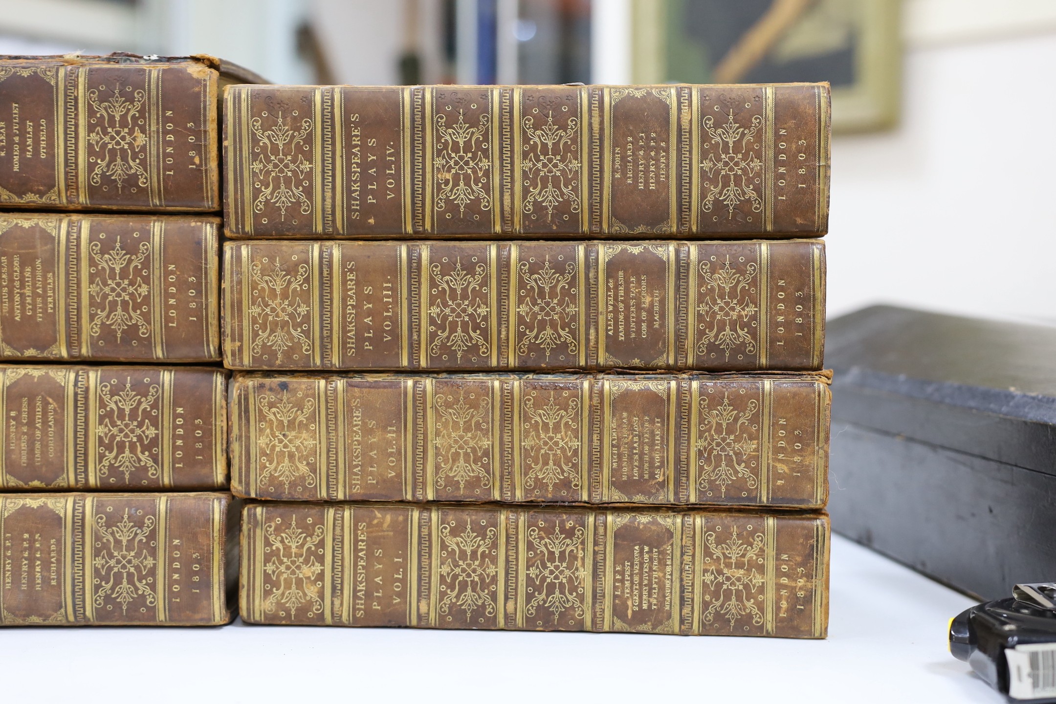 Shakespeare's plays, pub. 1803, eight leather-bound volumes, printed by T. Bensley for Wynne and Scholey, and J. Wallis